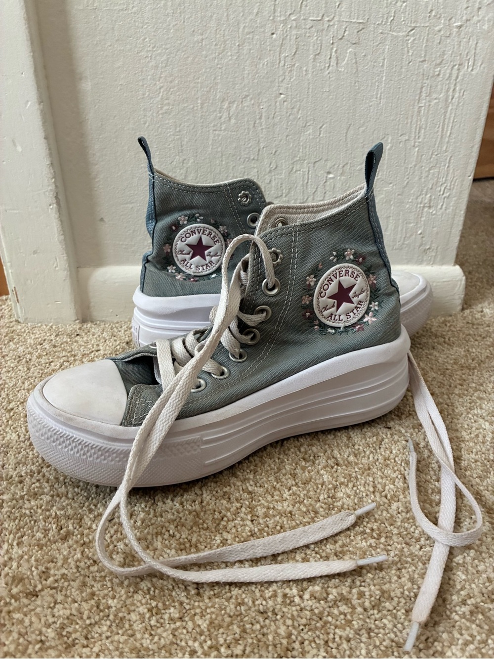 Converse Sage Green High-Top Platform Sneakers with Floral Patch kids size 3.5